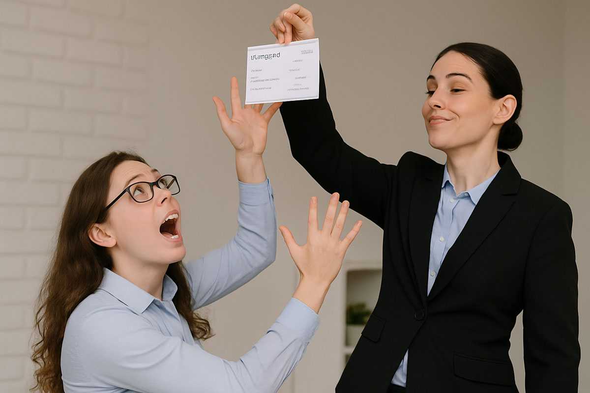 El empleador balancea el cheque de pago sobre la cabeza de los empleados.