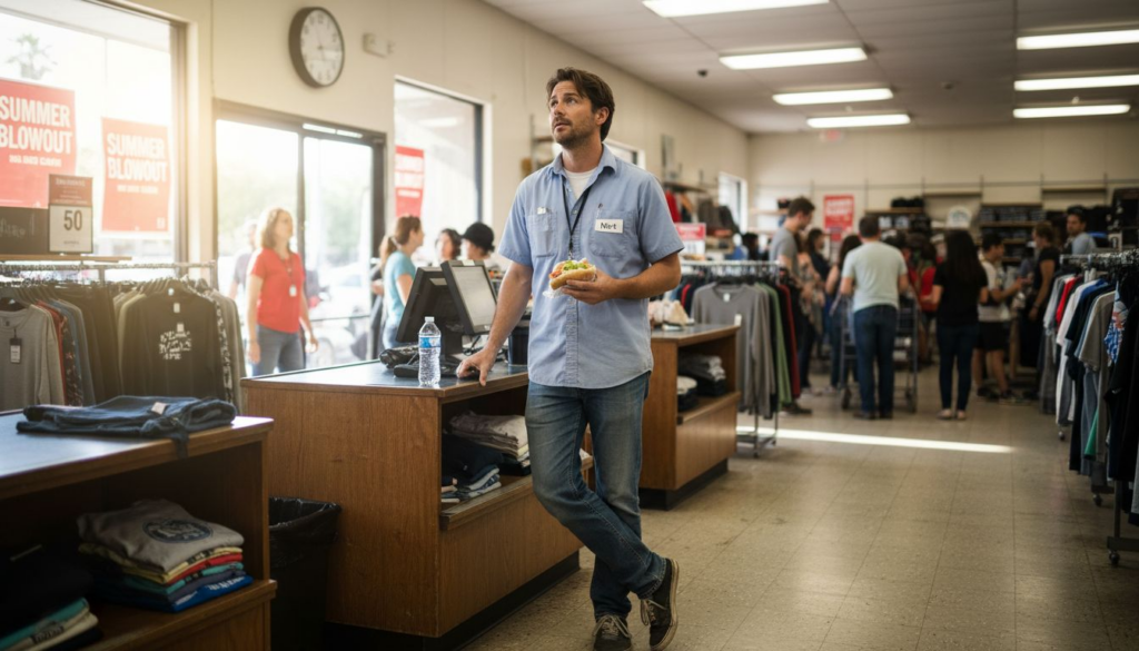 Trabajador del comercio minorista mirando el reloj para el descanso